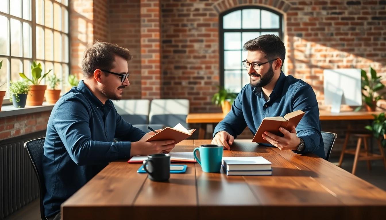 Two colleagues reviewing notes together over coffee
